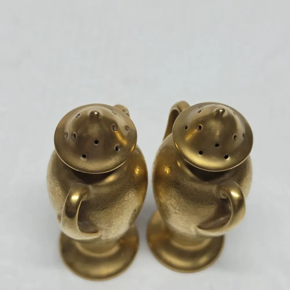 Vintage 50s Stouffer 24 Kt Gold Plated Salt/Pepper Shaker ROSE DAISY w Handles
